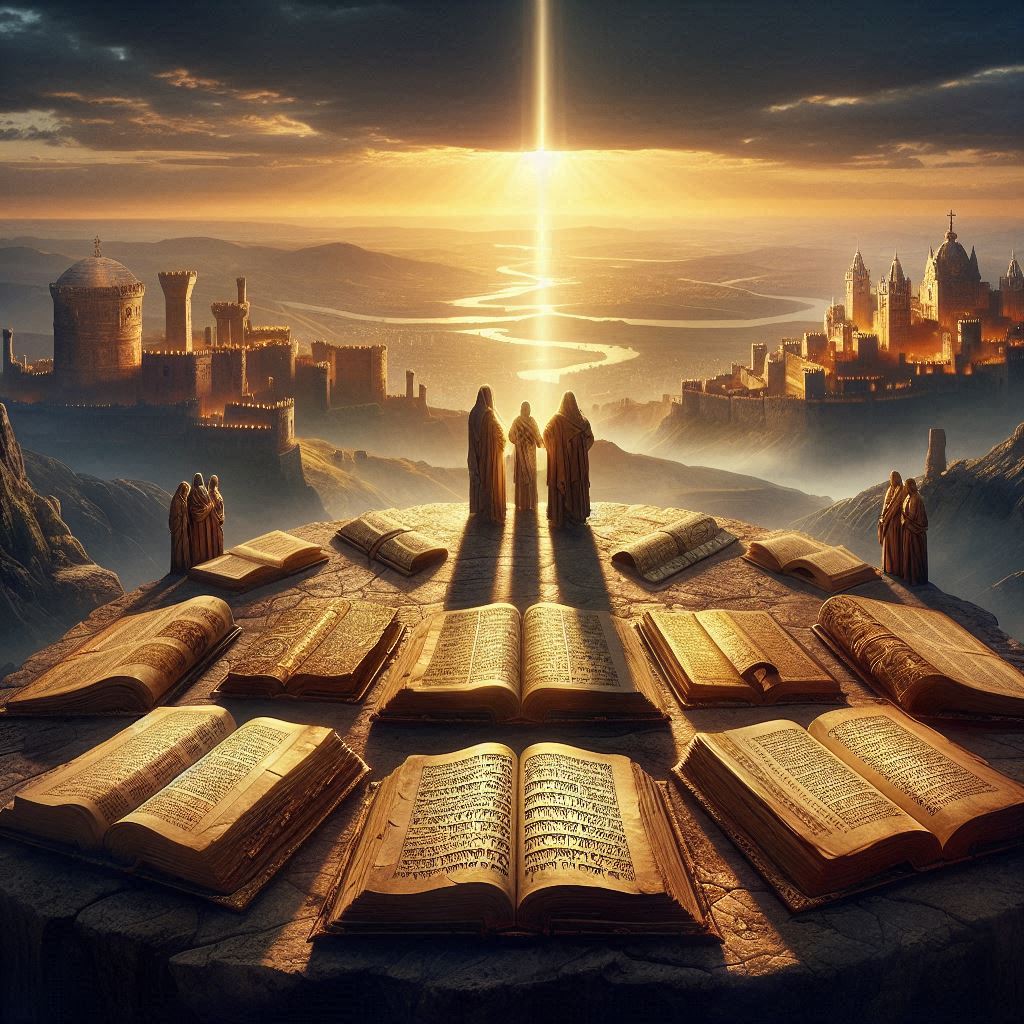 A vast ancient landscape at dawn. In the foreground stands a weathered stone table holding multiple open manuscripts—Hebrew scrolls, Greek codices, a Latin vellum Bible, and a Ge’ez manuscript glowing in golden light. Behind them rise four distant horizons: Jerusalem, Rome, Constantinople, and Aksum (ancient Ethiopia). Above, a single beam of light descends from heaven, illuminating all the manuscripts equally, while shadows of political crowns and council chambers.